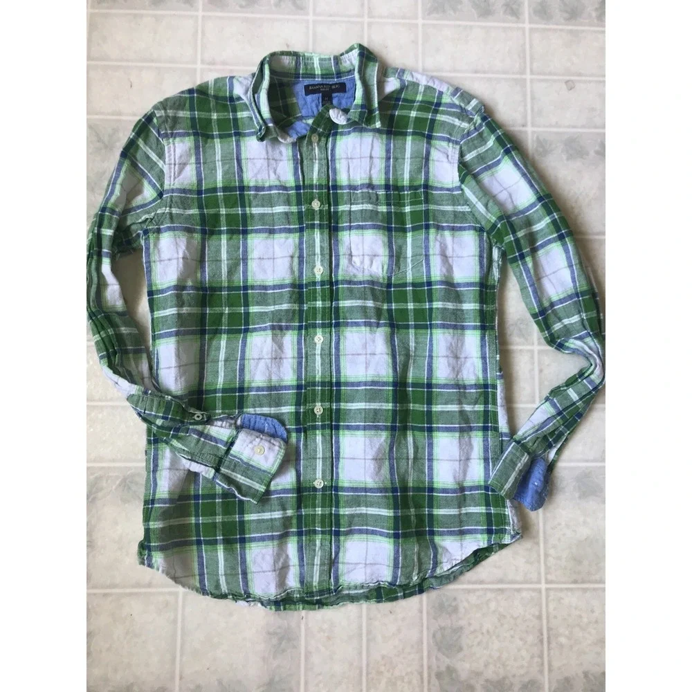 Mens Banana Republic Linen Blend Blue Green Plaid Long Slv Shirt Medium Slim Fit